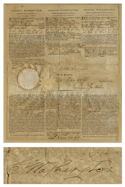 George Washington Three Language Ship's Paper Signed as President -- Dated 15 July 1795